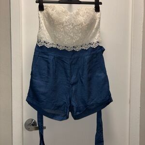Shine star Strapless Lace Top Denim Shorts Romper Jumpsuit